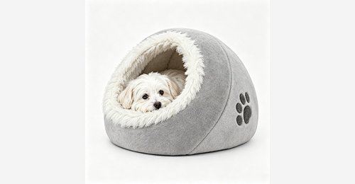 Custom Covered Cat & Dog Bed | OEM & ODM Light Grey Plush Cave Bed with Paw Print - Model MJ-PET003 | Mingjin Bean Bag China