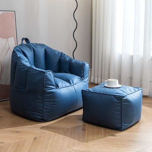 Dark Blue Bean Bag Chair With Stool